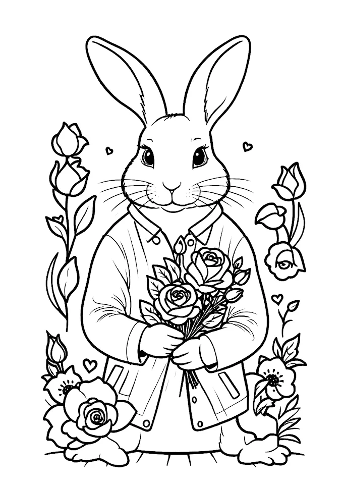 Rabbit Holding Flowers in Overcoat Valentine&#039;s Scene