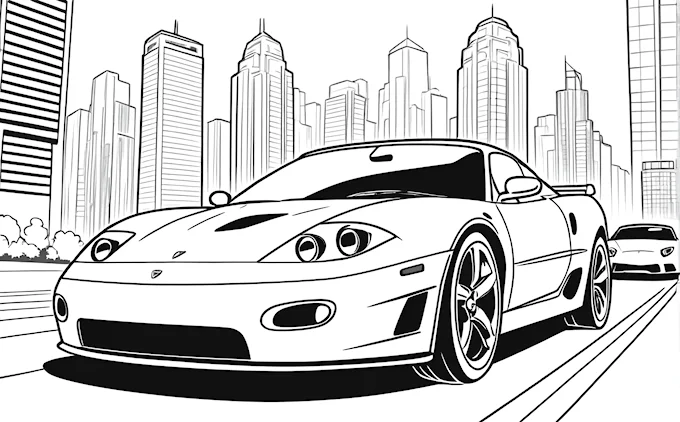 Car on city road, skyscrapers background, black and white