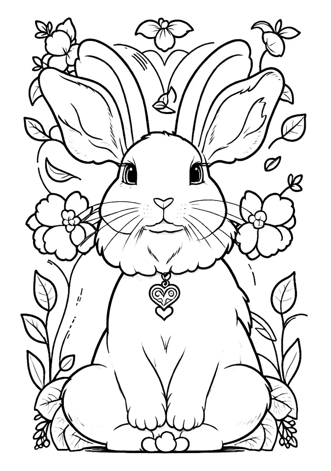 Valentine&#039;s Day themed bunny with floral background coloring page