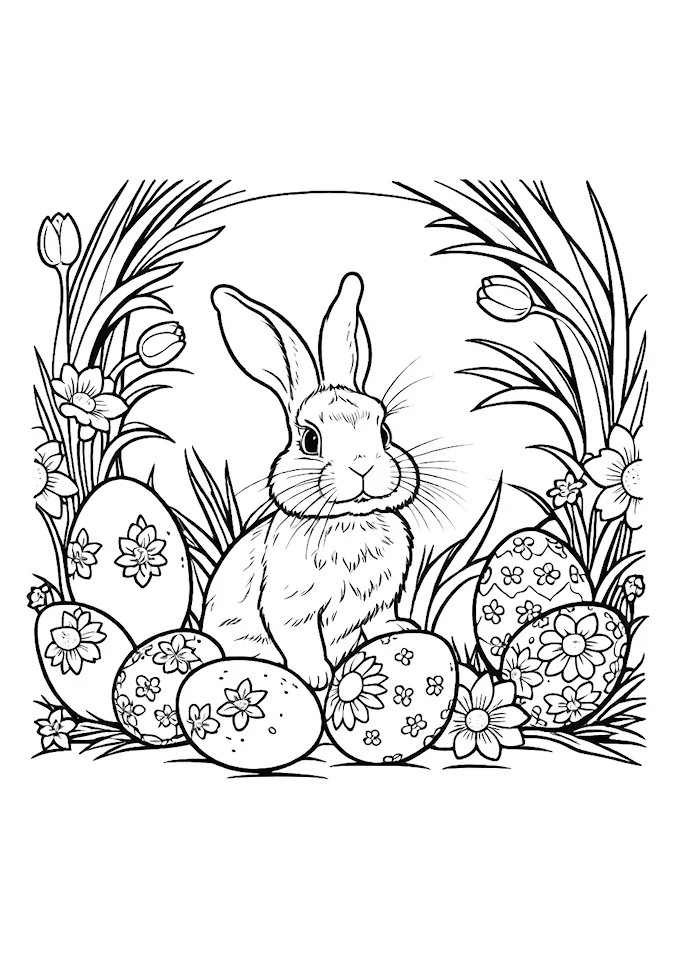 Bunny in Easter basket with eggs and daffodils in black and white art