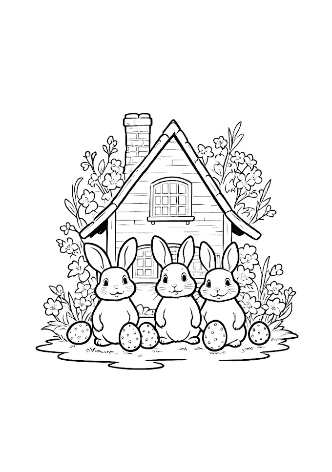 Rabbits at a storybook cottage with floral accents
