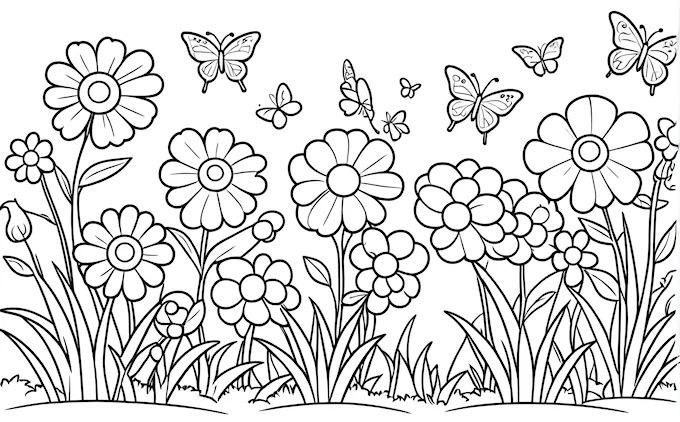 Field of flowers and butterflies, black and white grass background