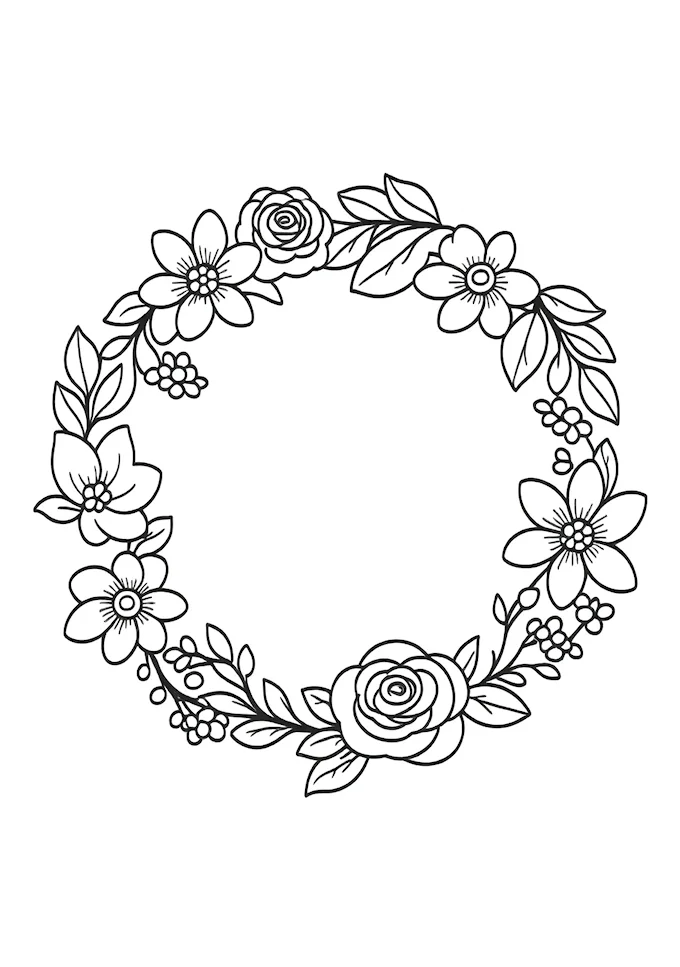 Detailed circular flower and leaf pattern coloring page