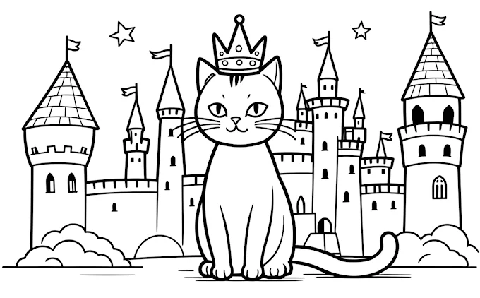 Cat with crown in front of castle, sky with stars and clouds