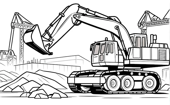 Construction site with excavator and mountain