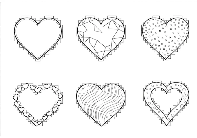 Black and white photo of heart shapes with geometric patterns coloring page