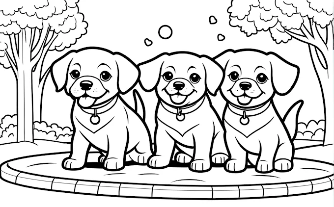 Three dogs on park bench, pond with bubbles in foreground