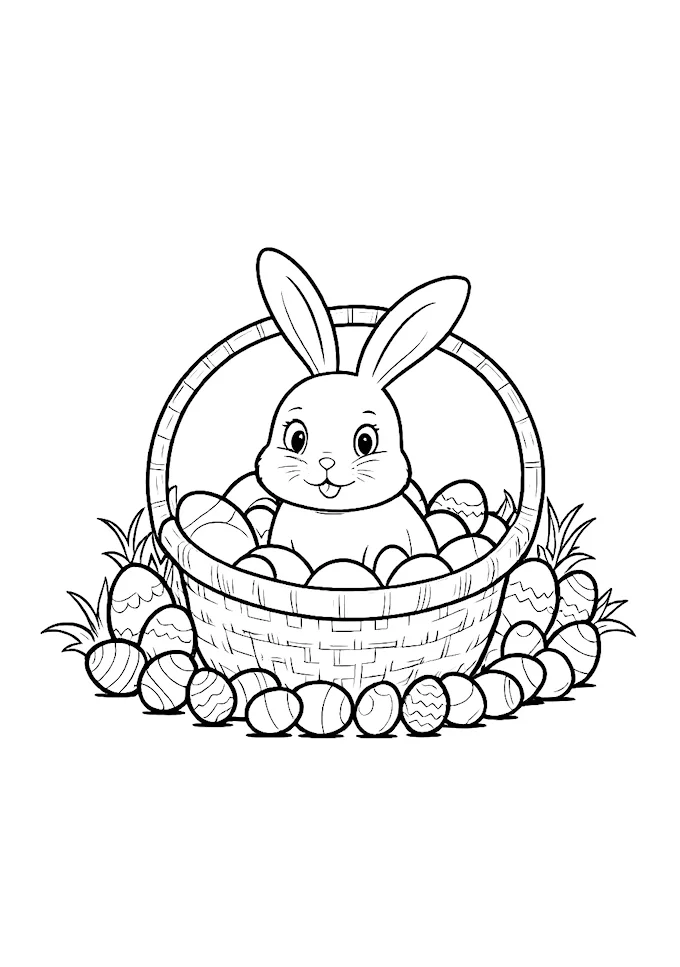 Black and white photo of Easter bunny in basket with eggs