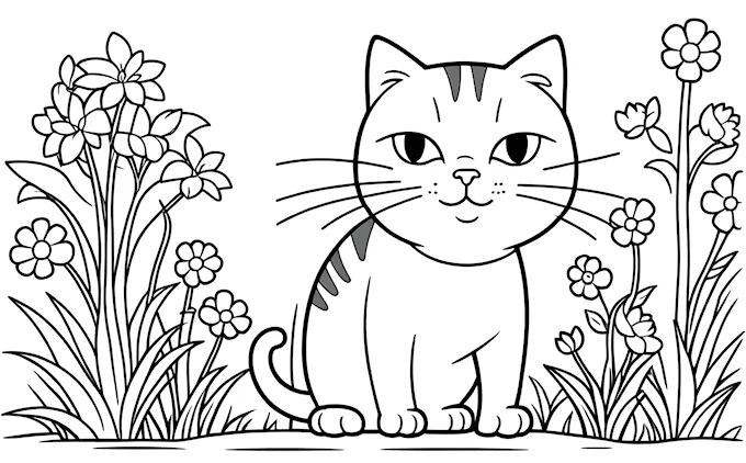 Cat in grass with flower bush