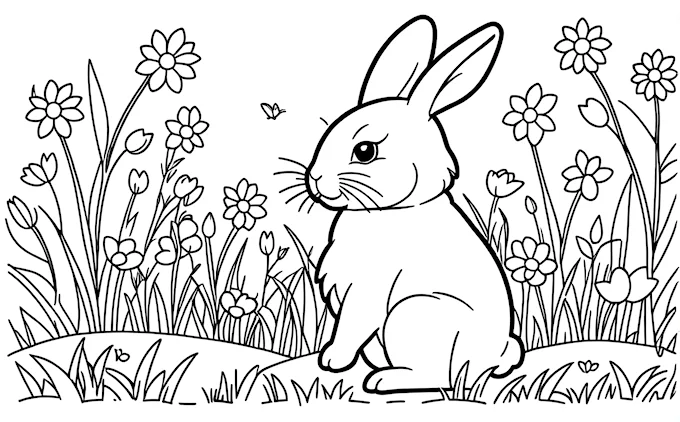 Rabbit sitting in grass with flowers and a butterfly