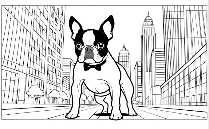 Dog with bow tie in city street, comic book style coloring page