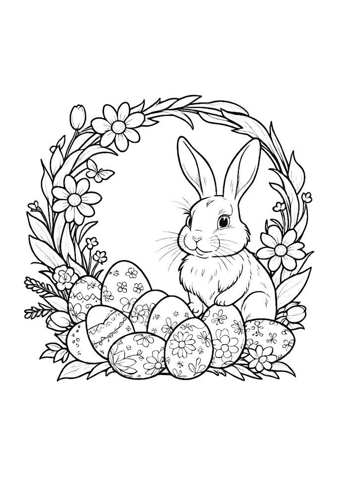 Bunny in Easter basket with eggs and flowers