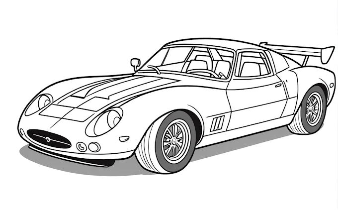 Sports car with hood down and flat tire, black and white outline
