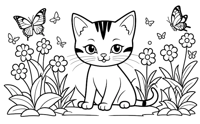 Cat and butterflies in flower background