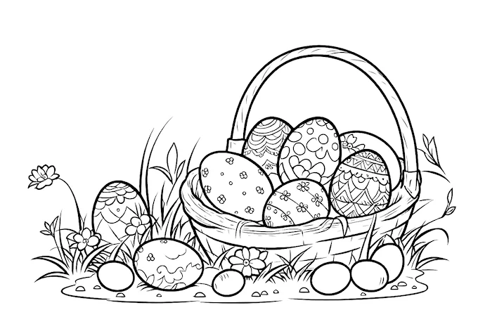 Wicker basket with decorated Easter eggs coloring page