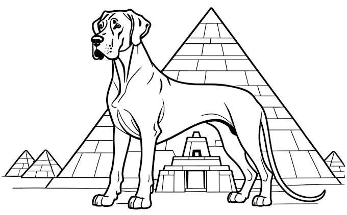 Dog standing in front of pyramids