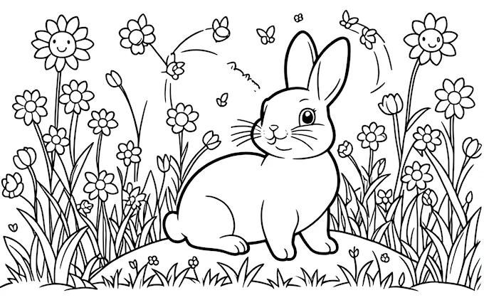 Rabbit in grass with flowers and butterflies, coloring page