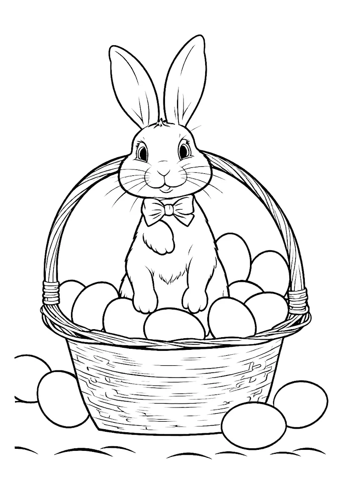Bunny in Easter Basket with Decorated Eggs
