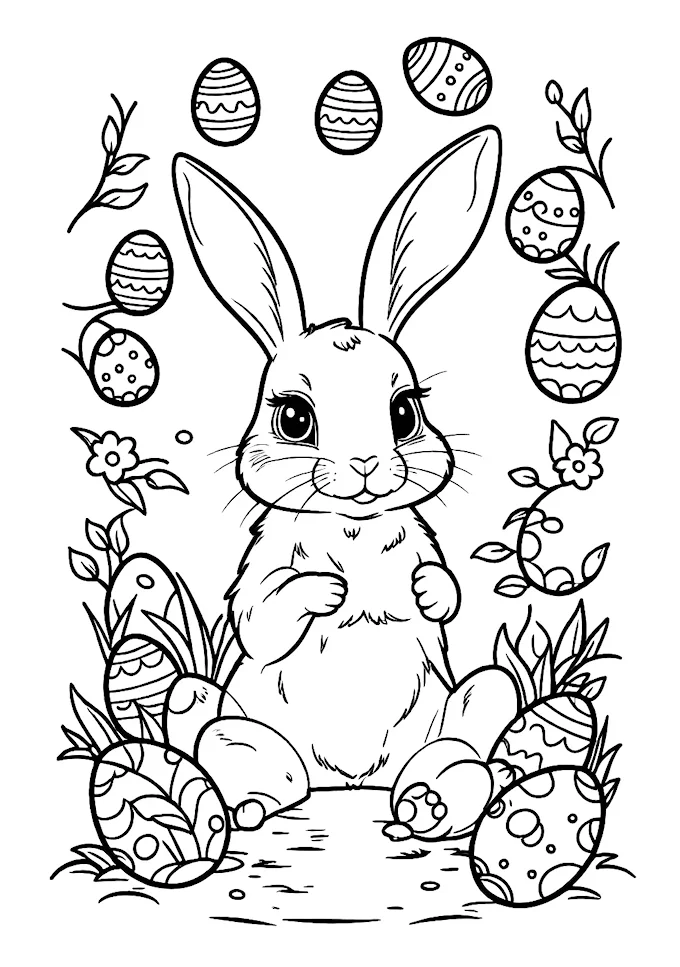 Cute Bunny with Colorful Eggs Coloring Page