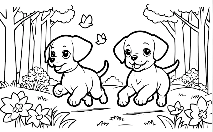 Two puppies running in the woods with butterflies
