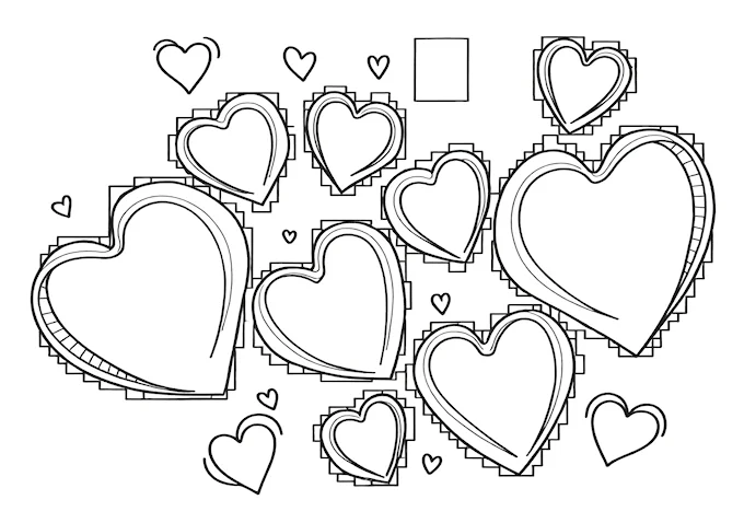 Intricate heart patterns on various backgrounds coloring page