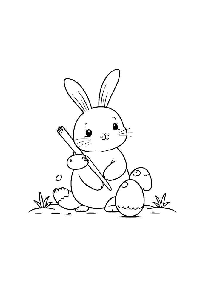 Bunny painting with twig brushes on egg