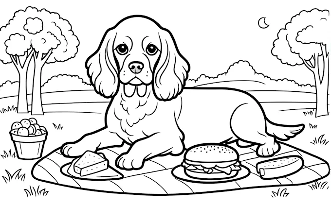 Dog sitting on blanket with hamburger and hot dog, kids coloring page
