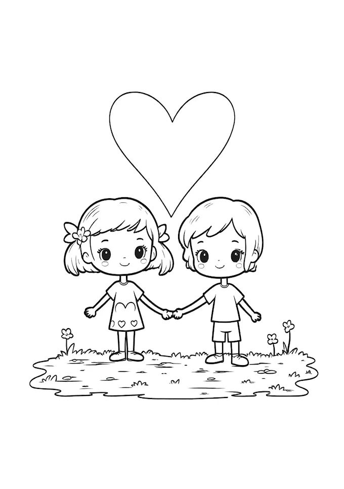 Heart outline with children in nature coloring page