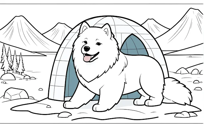 Cartoon dog in front of stone dwelling with snowy mountains