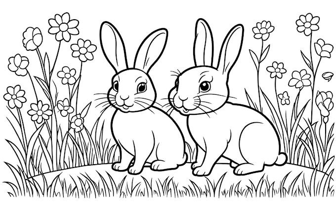 Two rabbits in grass with flowers, black and white