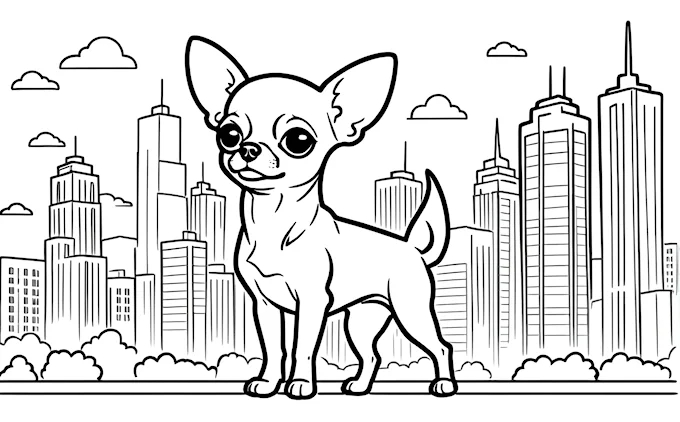 Chihuahua in front of city skyline, skyscrapers, black and white outline