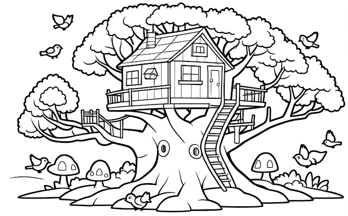 Tree house with ladder and flying birds, storybook coloring page