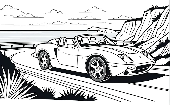Sports car driving near ocean with cliff and beach, intricate line drawings