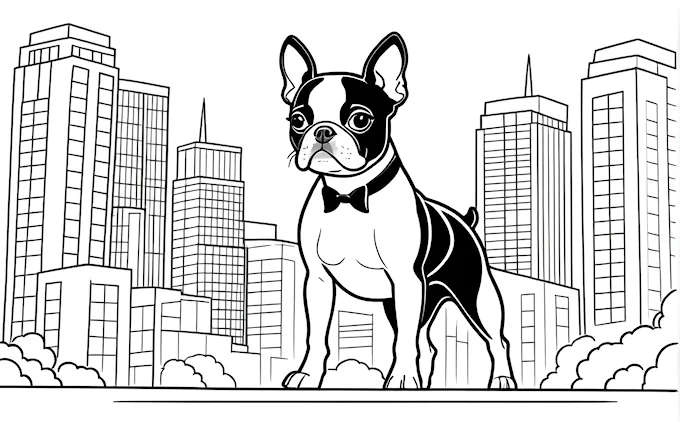 Dog with bow tie in front of city skyscrapers, coloring page for all ages