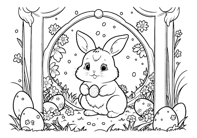 Bunny with flowers and Easter eggs in outdoor setting coloring page