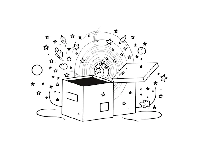 Cosmic open box with swirling patterns coloring page