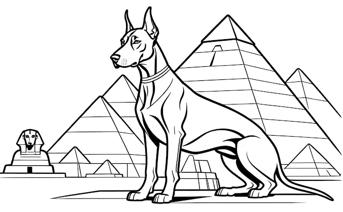 Dog in front of pyramid and sphinx