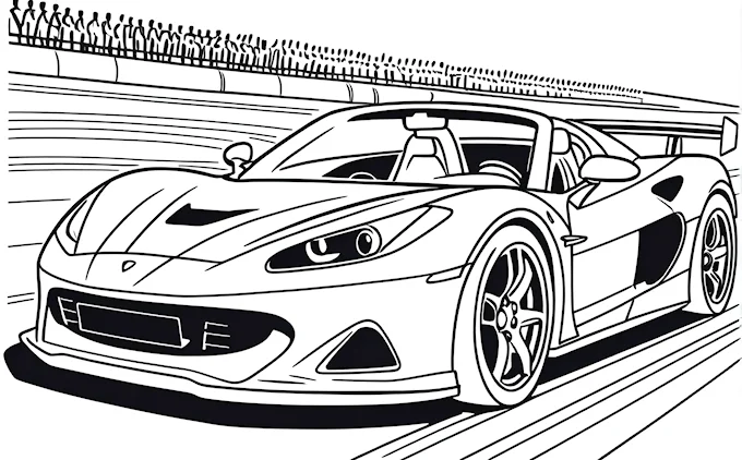 Sports car on track with fence and people, intricate line drawing