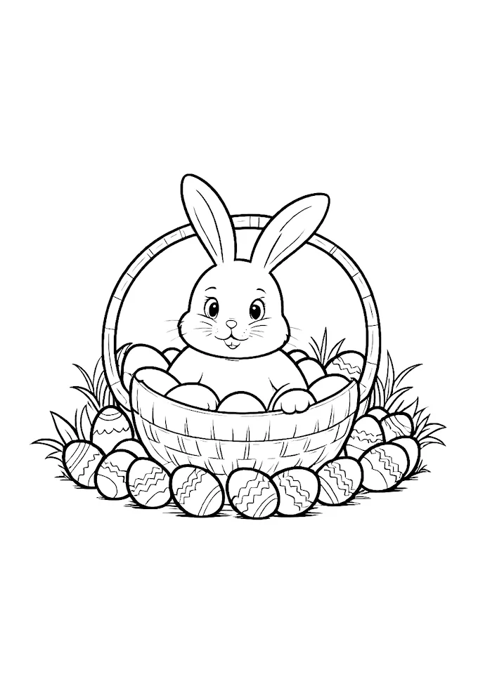 Black and white photo of Easter bunny in basket with eggs