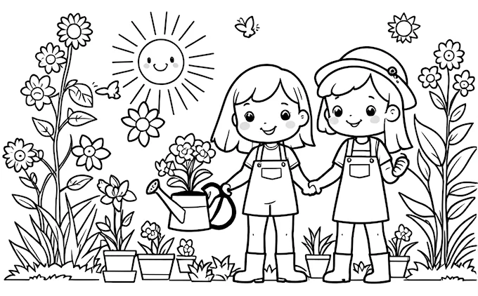 Two girls holding hands in garden with flowers