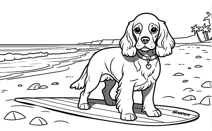 Dog standing on surfboard on the beach