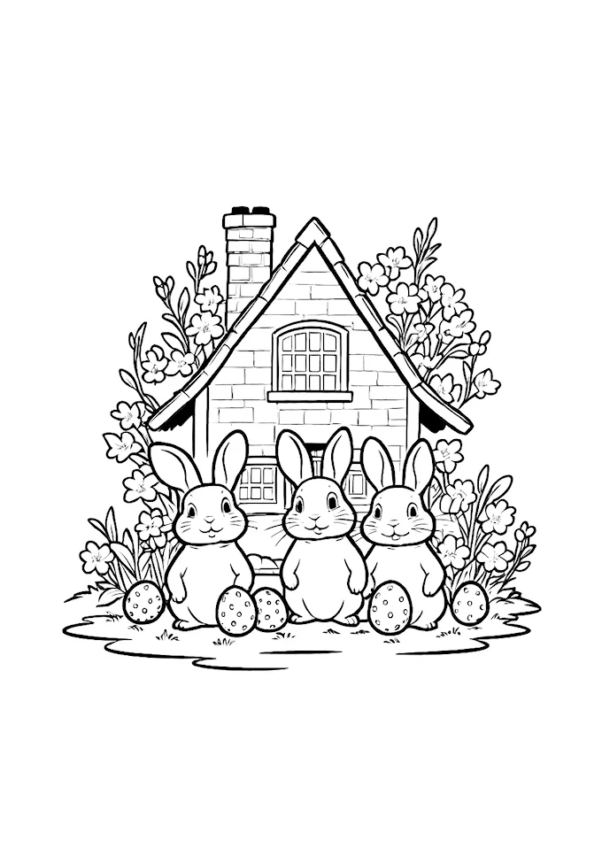 Three rabbits at a Beatrix Potter style floral cottage