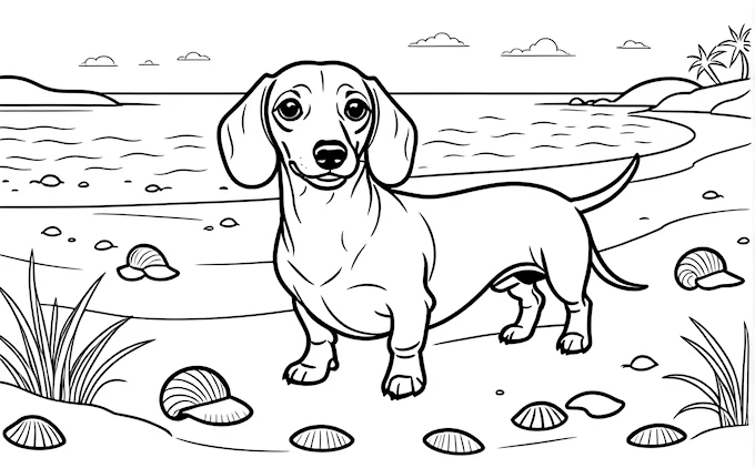 Dog on beach with water, rocks, shells and person in foreground