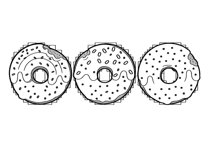 Trio of doughnuts with various toppings coloring page
