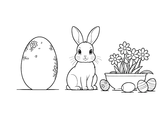 Cute bunny next to egg and flowers coloring page