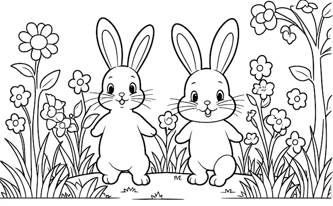 Two rabbits in grass with surrounding flowers