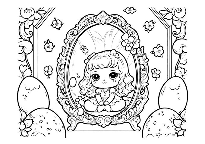 Intricate doll in decorative mirror frame with eggs coloring page