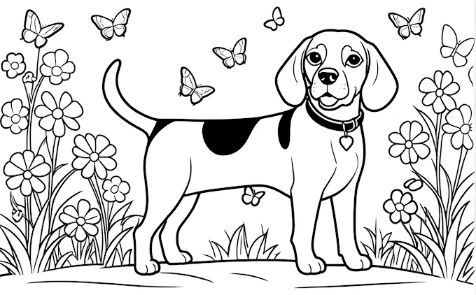 Dog in field with butterflies and stipple art