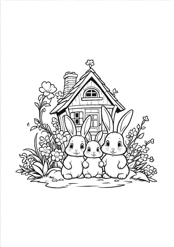 Trio of bunnies next to a cabin with floral surroundings