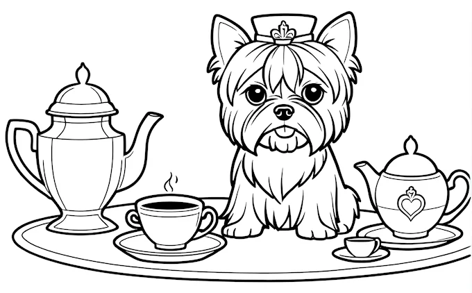 Dog sitting on table with teapot and coffee